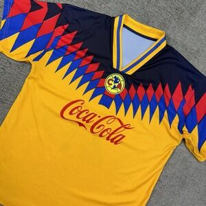 Club America Soccer Jersey Shirt Men's L Yellow‎ Blue Coca-Cola J. Quitl